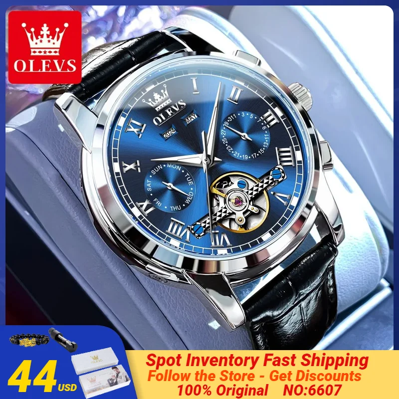 OLEVS 6607 Men's Watches Original Top Brand Classic Date Display Leather Strap Casual High Quality Stainless steel Wristwatches