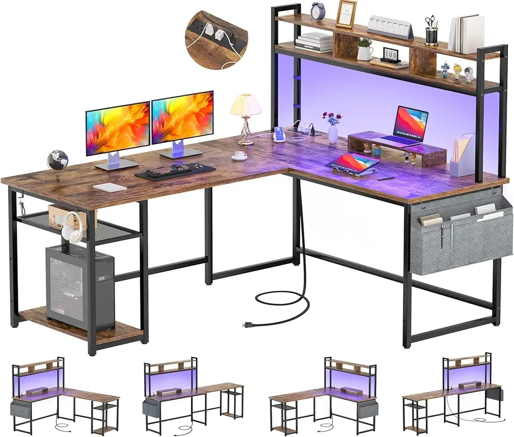 

Aheaplus L Shaped Desk with Power Outlet & LED Strip, Reversible L-Shaped Corner Computer Desks Gaming Desk with Storage Shelf &