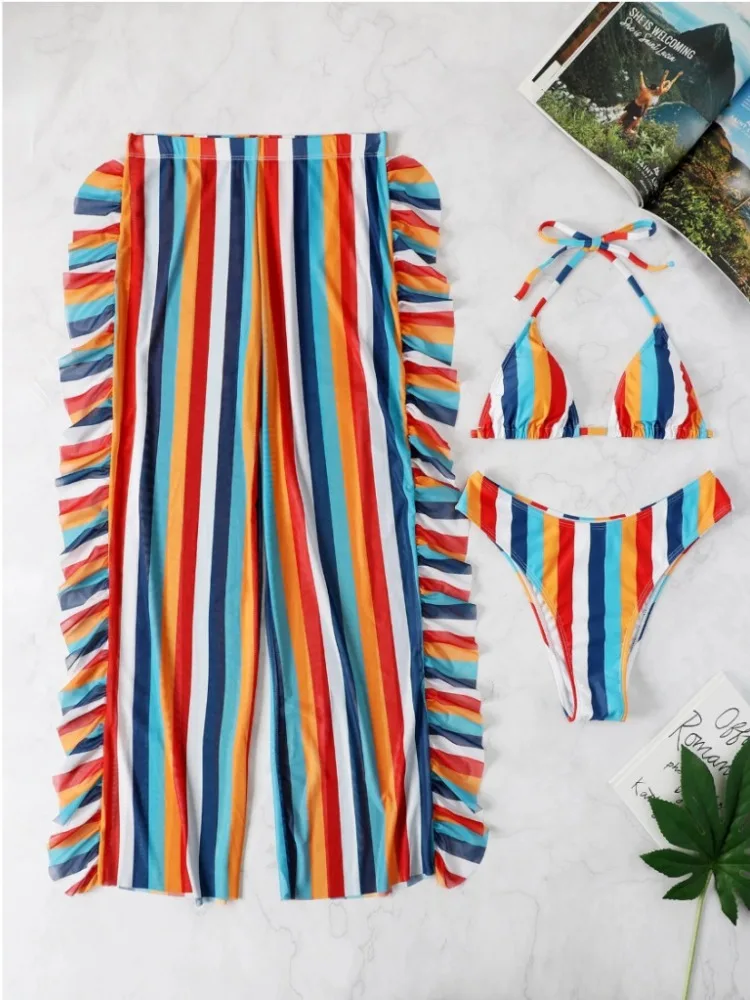 3 Pieces Striped Triangle Bikini Set Swimsuit & Ruffle Pants High Waisted Swimwear Women 2024 Bathing Suit Swim Summer Beachwear