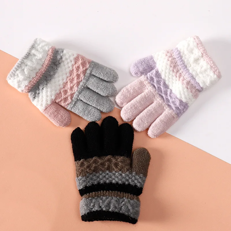 Winter Kindergarten Children Striped Split Finger Gloves Thick Warm Kids Knitted Glove 3-6year Boy Girl Baby Hand Warmer Mittens winter gloves,baby mittens