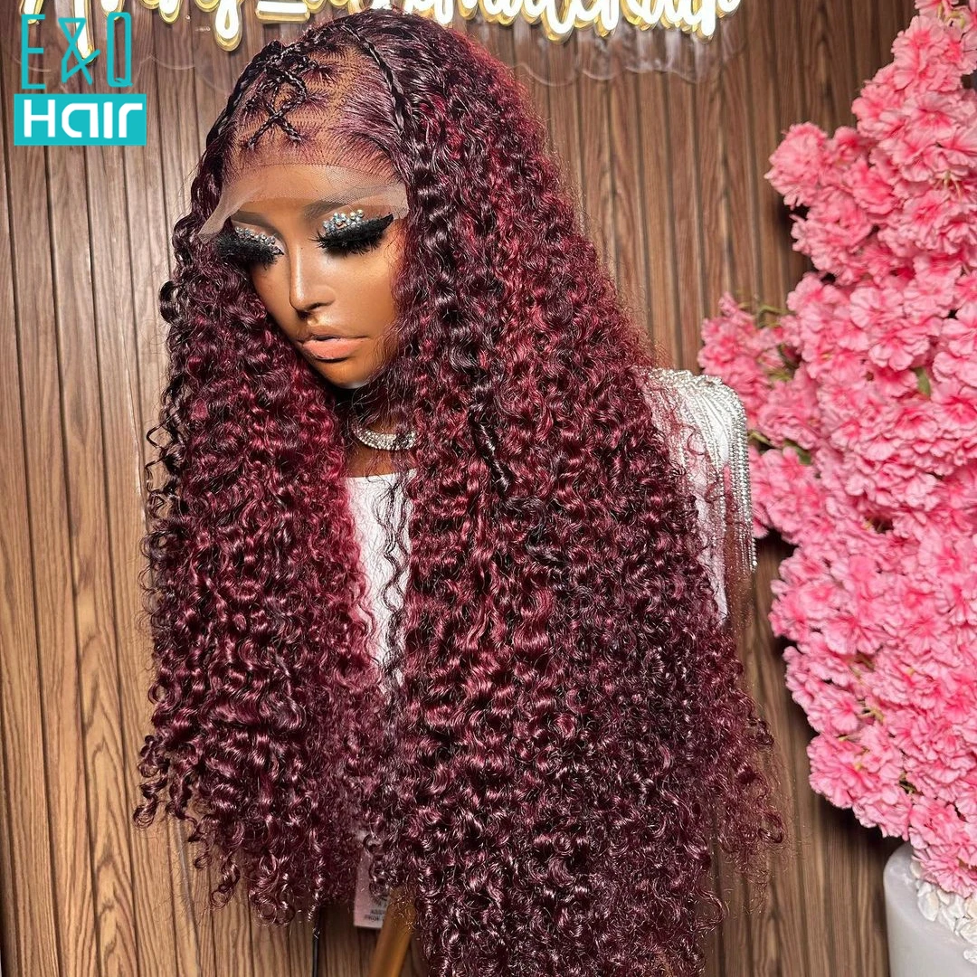 

250% Density 13x6 Burgundy Curly Lace Front Human Hair Wigs 99J Colored Deep Wave Frontal Wig Red HD Transparent Large Lace Part