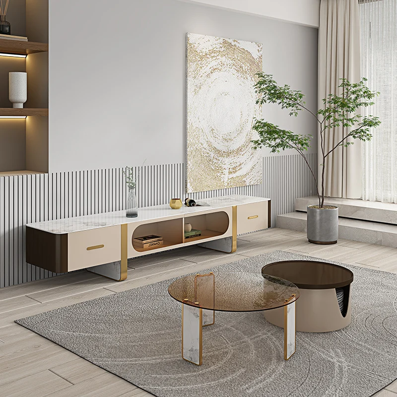 

Luxury tea table, living room, floor cabinet, Nordic glass and rock plate tea table TV cabinet combination