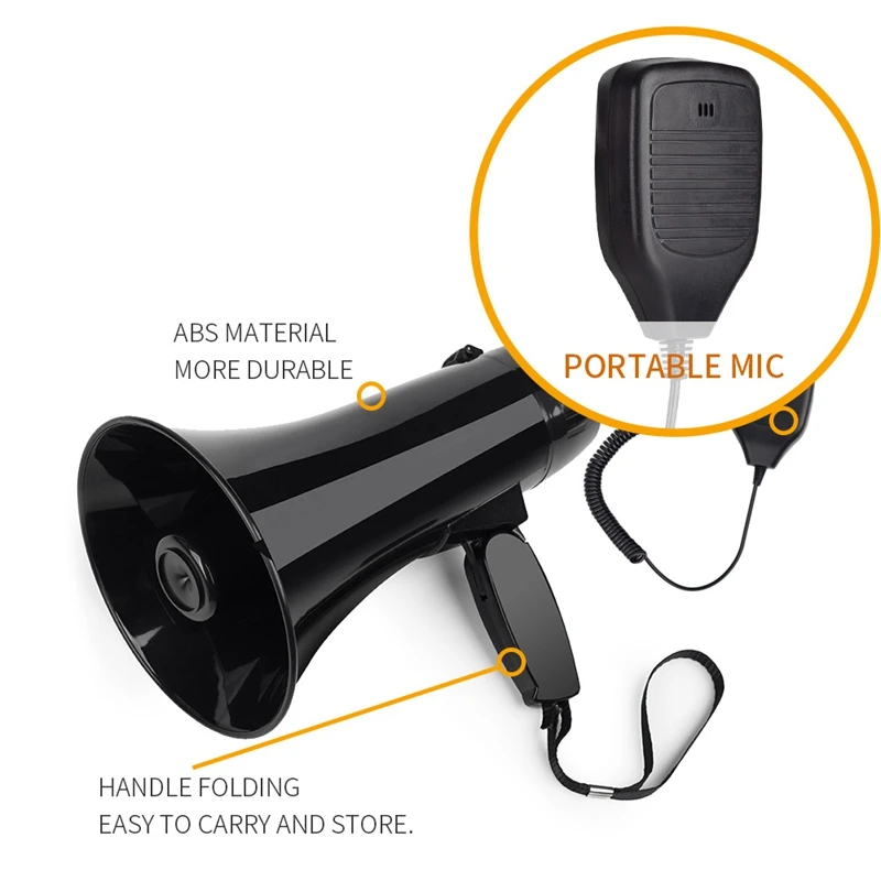 전원 휴대용 불혼 확성기 스피커, 내장 사이렌 USB 플래시 드라이브, 240S 녹음, 블랙, 35W