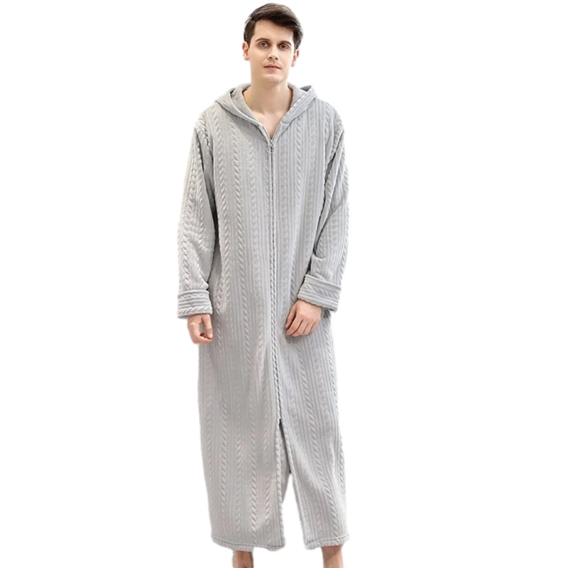 Flannel Zipper Warm Robe Cozy Fuzzy Long Bathrobe Housecoats Nightgown Sleepwear Plush Night Dressing Robes Women Men