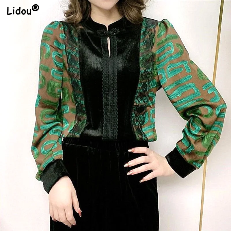 Casual Shirts Solid Office Lady Single Button Patchwork Half High Collar Women's Clothing Autumn Winter Thin Vintage Printing