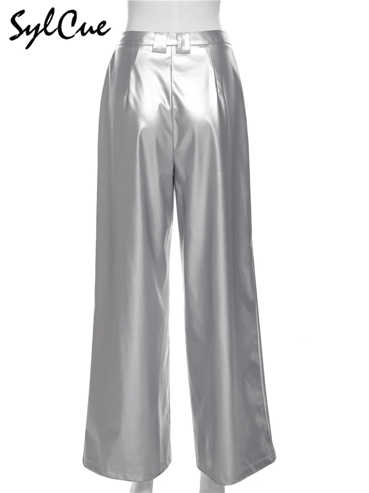 Sylcue Silver Retro Matte Trendy Personalized All-match Casual High Street Cool Confident Casual Women's Autumn Wide Leg Pants