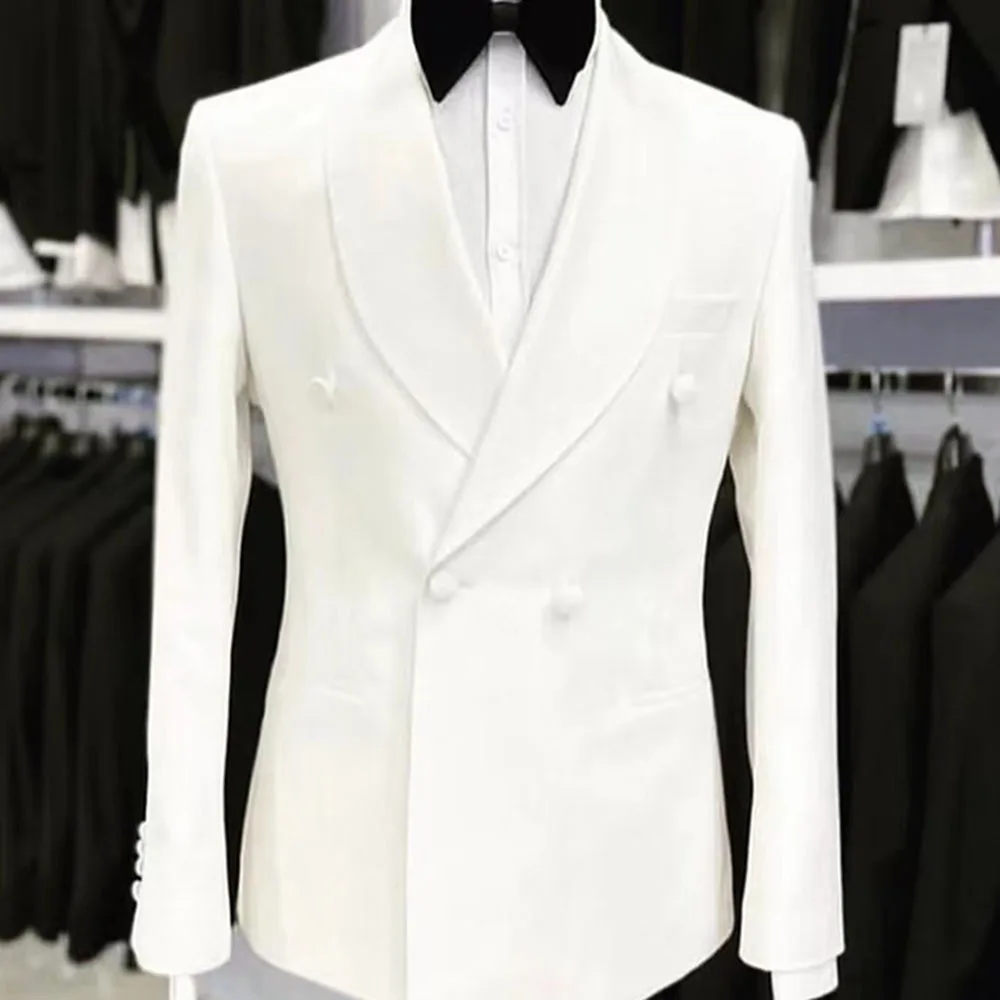 2023 New Fashion Men White Shawl Lapel Suits Business Casual Formal Costume Homme Double Breasted Slim Fit 2Pcs Set Jacket Pants 3
