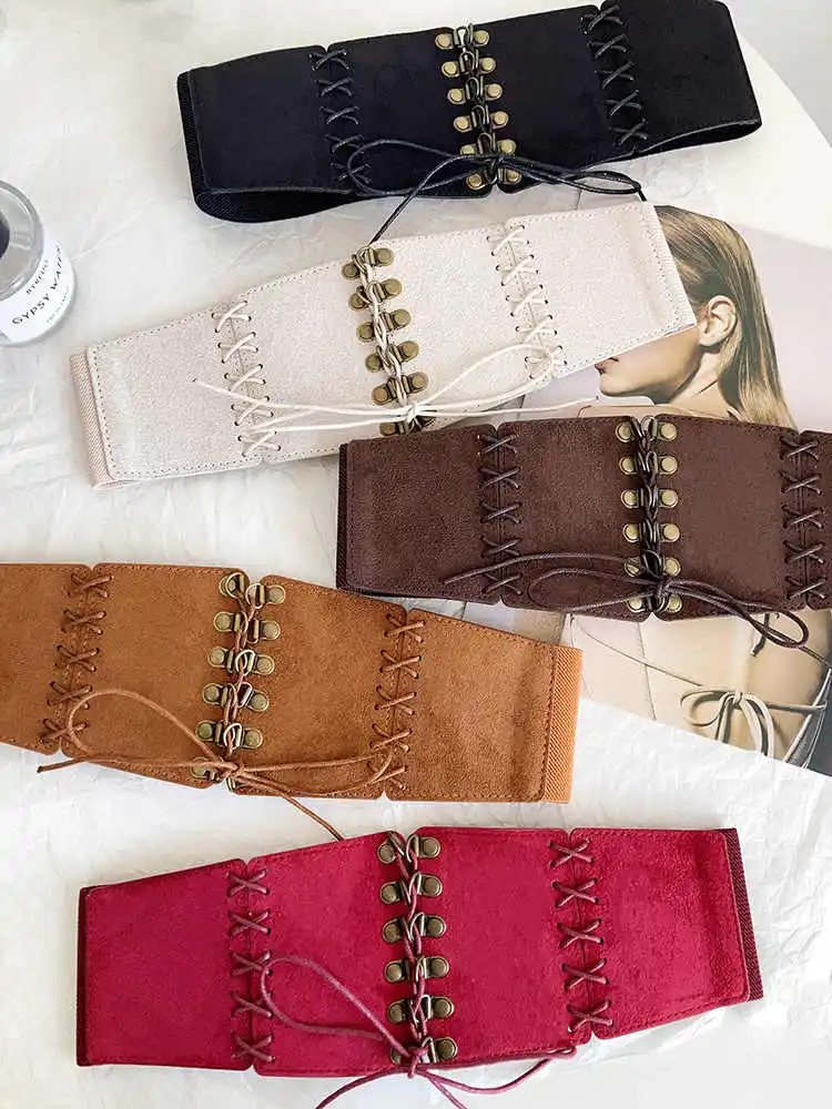 European and American style suede velvet strap waist cincher women's vintage hundred match dress wide waist belt fashion stretch womens dress belt