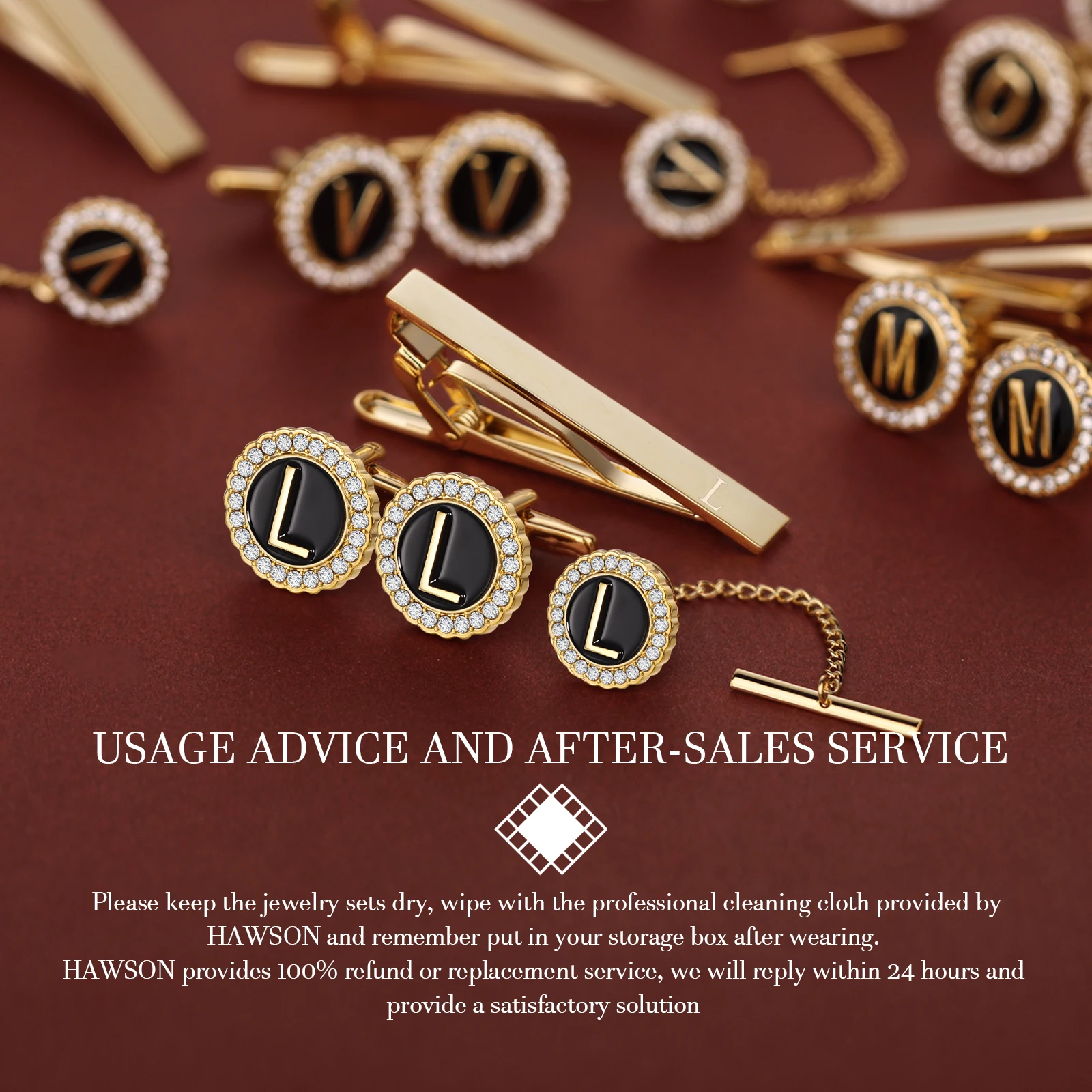 HAWSON Personalized Letter Crystal Cufflinks Tie Clip and Tie Buckle Set for Tie and French Cuffs or Dress Shirt  ,Gift for him