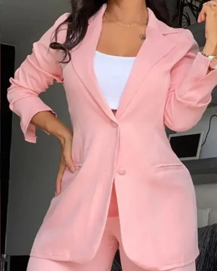 Women's Elegance Solid Color Open Sleeve Lapel Suit with Pocket Straight Trouser Suit