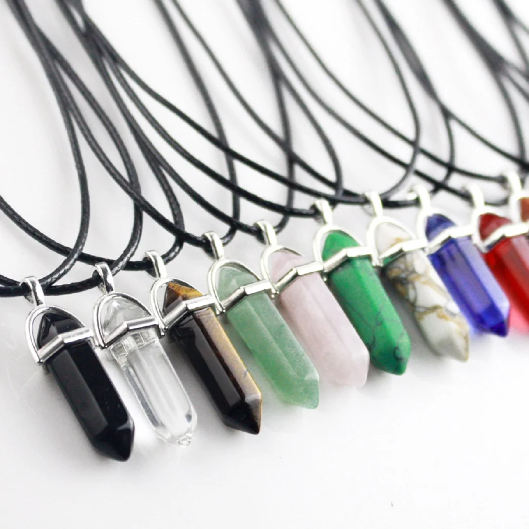 

Natural Stone Hexagon Pendant Crystal Bullet Necklace European and American Fashion