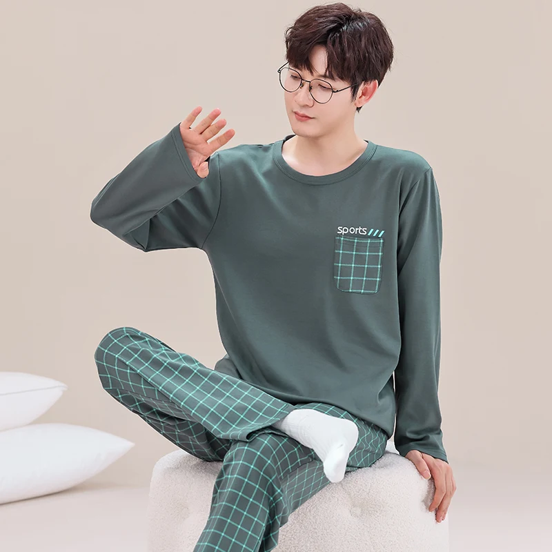 Men Pyjama Set Cotton Spring Long Sleeve Print Men Pajama Suit Autumn Nightwear O Neck Pijama Male Sleepwear Two Piece Set