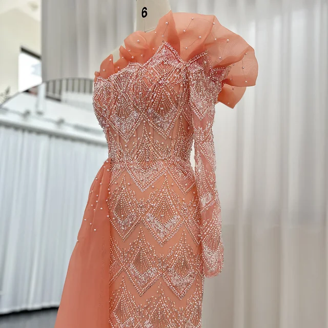 Luxury Dubai Coral Mermaid Evening Dresses for Women Wedding Elegant Scalloped One Shoulder Formal Party Gown SCZ003 5