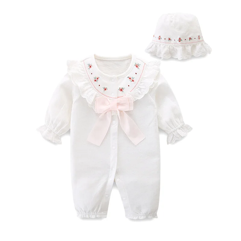 Infant Baby Girls Jumpsuit+Hat Embroidery Lace Stitching Cotton Long Sleeve Toddler Baby Girl Romper Spring Autumn Baby Clothes