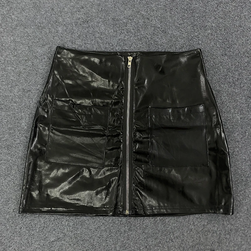 Women's Spring Casual PU Leather Short Skirt Black Mini Sexy Versatile Double Pocket Decoration Fashionable Spring Wear 4