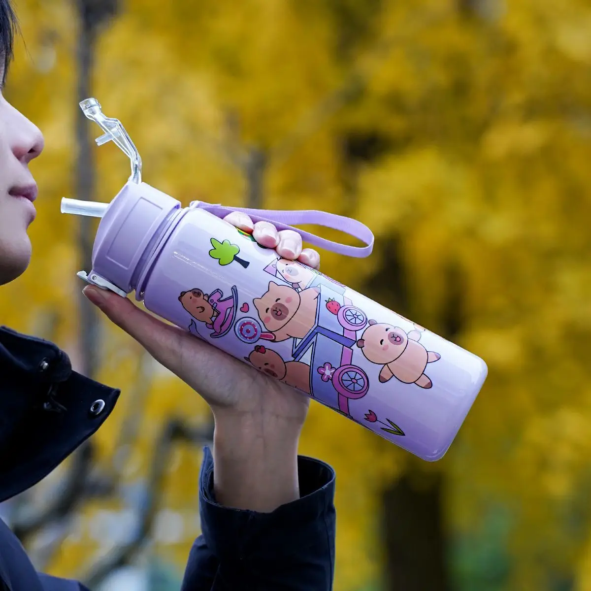 Capybara Large Capacity School Kids Ecofriendly Plastic Water Bottle Cartoon Capybara Children Outdoor Straw Cup Water Bottle Plastic Water Bottle