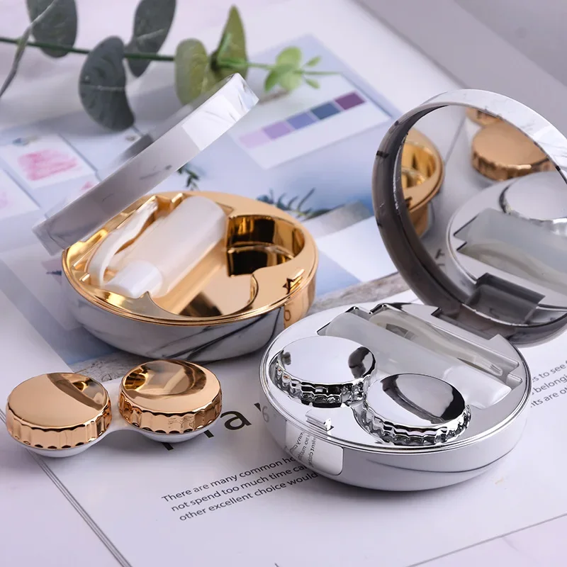 Round Marble Pattern Beauty Eye Contact Lens Box Dual Case Storage