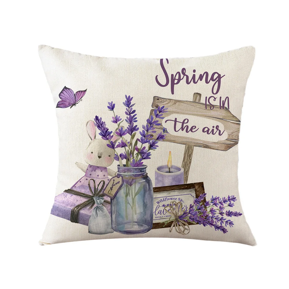 Spring Easter Decor Pillow Cover Easter Bunny Purple Flowers Print Pillowcase Home Sofa Decor Cushion Cover Easter Decorations