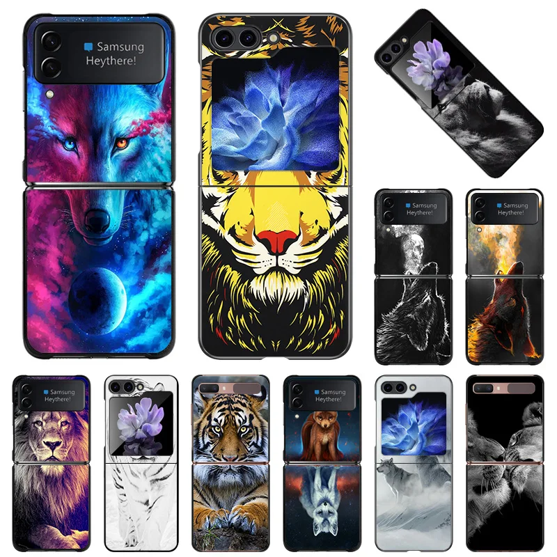 Per Samsung Galaxy Z Flip5 Flip3 Flip4 Custodia Rigida Nera Antiurto Zflip 5G Moon Wolf Lion Tiger Phone Shell Cover