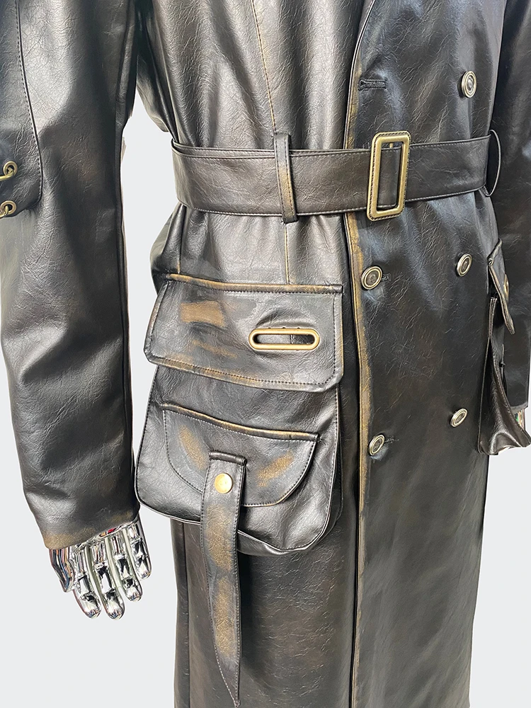 Nerazzurri Spring Autumn Cool Long Waterproof Distressed Black Pu Leather Trench Coat Men Belt Pockets Luxury Designer Clothes 6