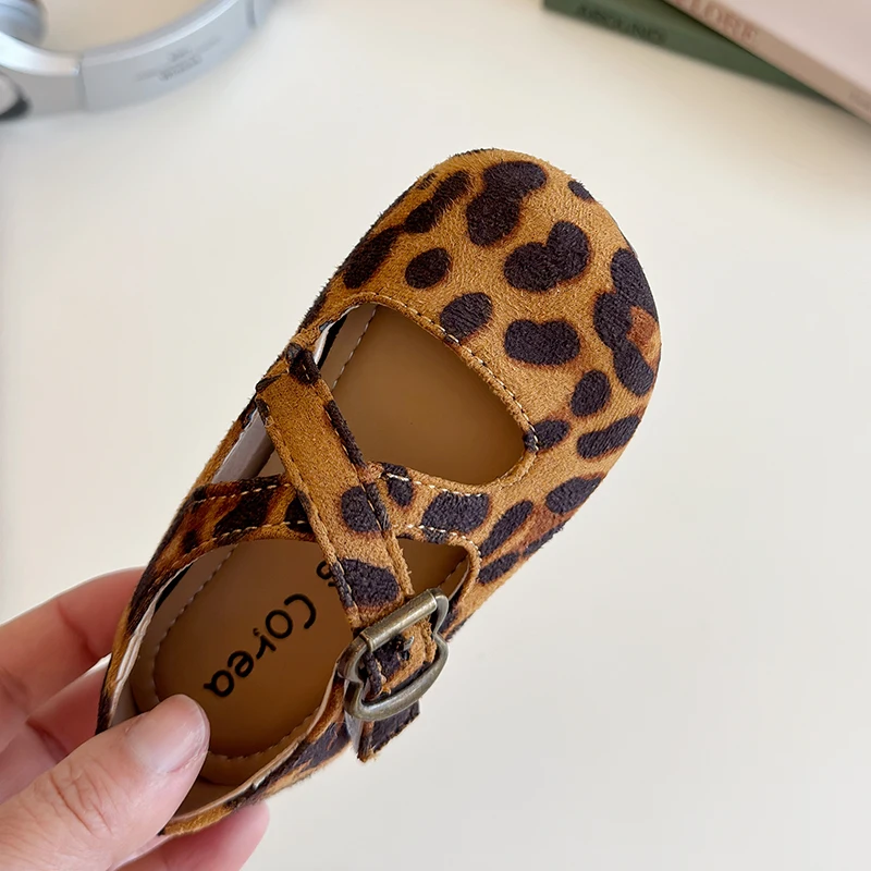 Fashion Kids Shoes Baby Girls Vintage Leopard Print Mary Jane Toddler Cute Princess Red Flat Ballet Shoes Anti-slip size 21-30