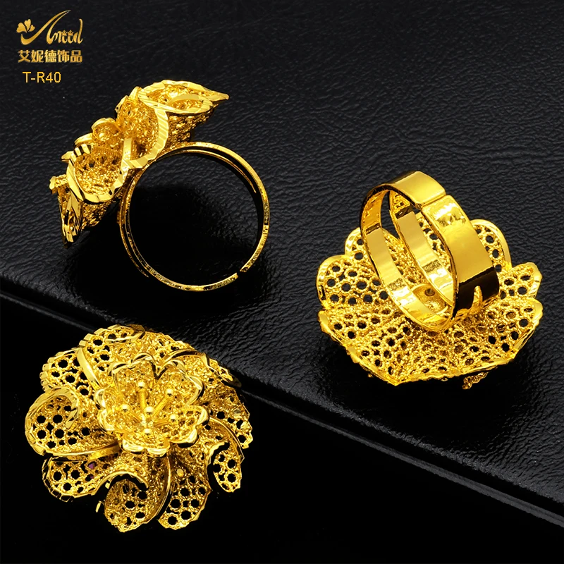 Dubai 24K Gold Plated Golden Ring NEW Fashion Luxury Charm Flower