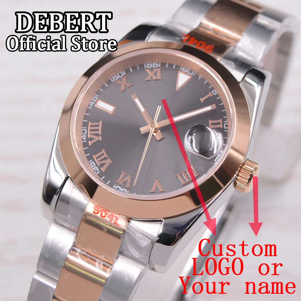 

DEBERT 36mm / 39mm NH35A Automatic Men Watch Rose Gold Roman Numbers Grey Dial 316l stainless steel Sapphire Glass no logo Watch