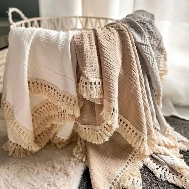 INS Baby Double-layer Gauze Tassel Cover Blanket Baby Pure Cotton Windproof Shawl Holding Blanket Childrens Bath Towel