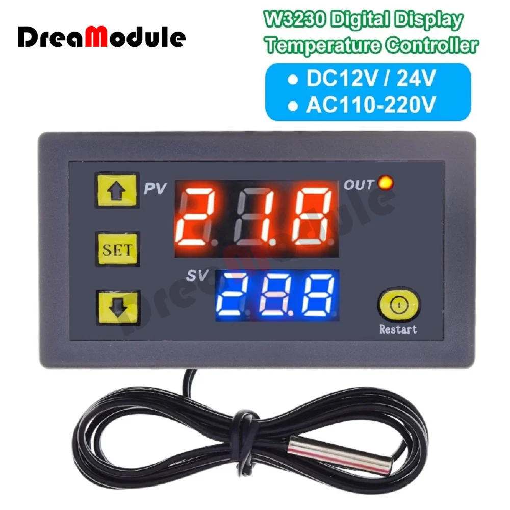 W3230 12V 24V AC110-220V Probe Line 20A Digital Temperature Control LED  Display Thermostat with Heat Cooling Control Instrument