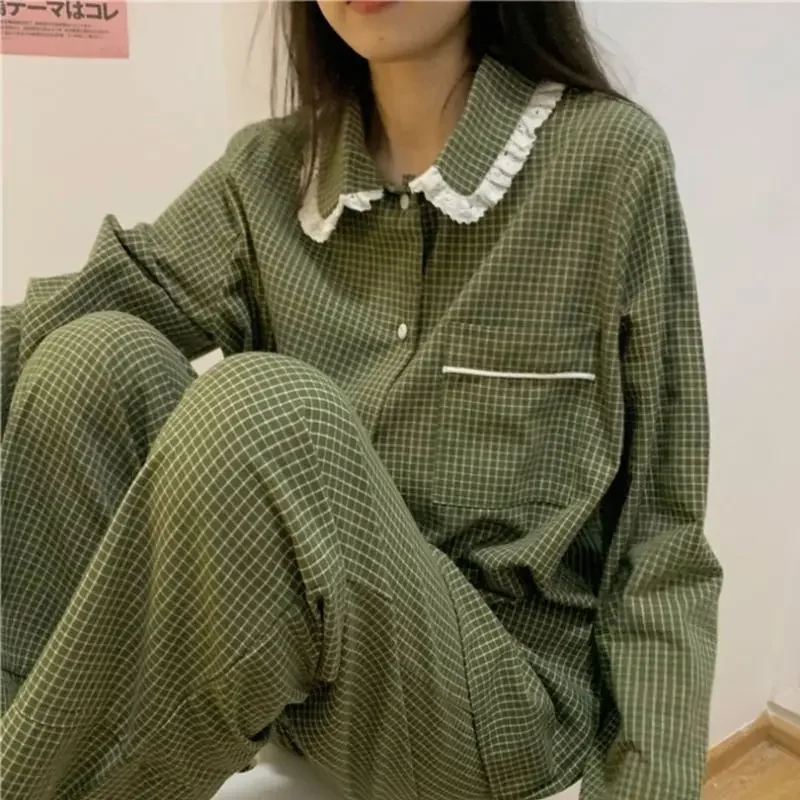 Plaid Casual Pajama Sets Women Single Breasted Ins Japan Turn-down Collar Nightwear Spring Fall Elastic Waist Homewear Mujer women pajamas set women pajama suit