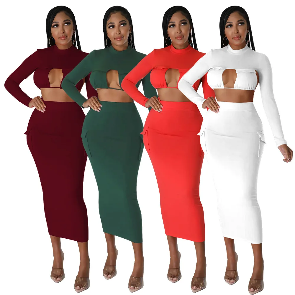 SKMY Women 2022 Outfits Sexy Backless Lace-Up Hollow Out Long Sleeve Crop Top Skirt Suits Fashion Two Piece Set With Pockets