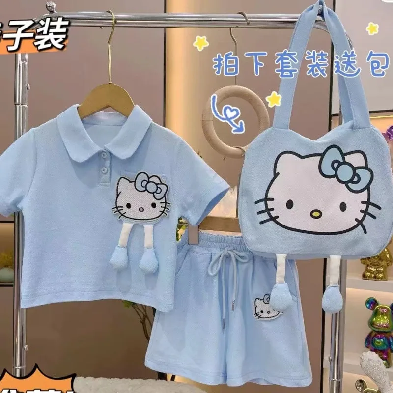 

MINISO Hello Kitty T-Shirt For Children Solid Color Short Sleeved And Shorts Casual Set For Kid Girl Y2k Cartoon Shoulder Bag