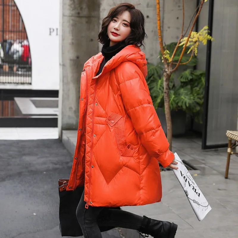 Women Down Jacket Winter Coat Female Loose White Duck Down Parkas Warm Thick Outwear Mid Length Version Hooded Overcoat 2023 New