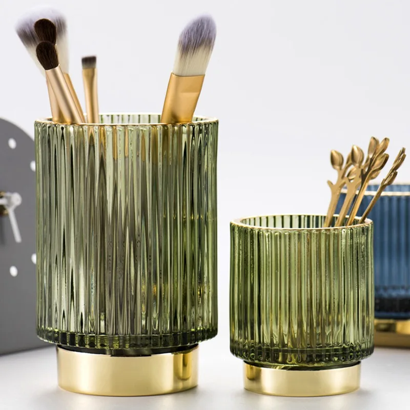 Gold Margin Thickened Glass Storage Bucket, Dark Green Pen Holder, Storage Jar Cup, Makeup Brush Bucket, Tabletop Vase 2