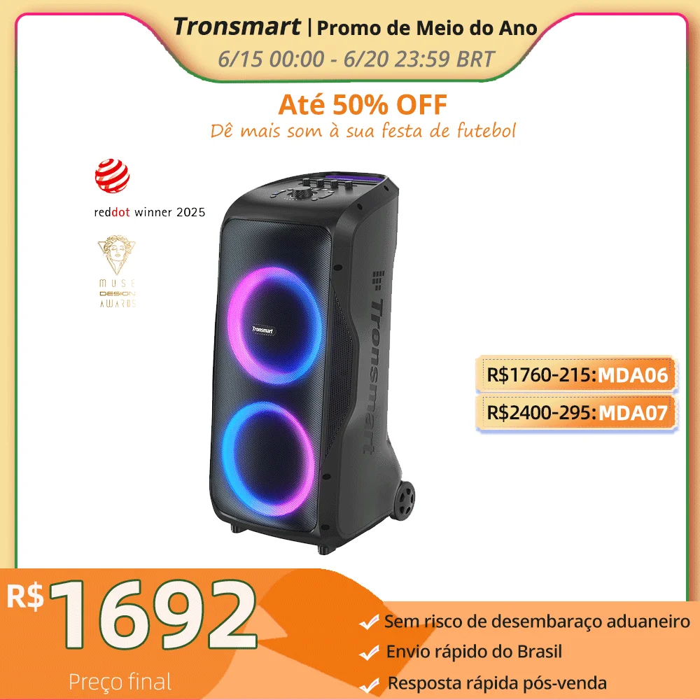 Tronsmart caixa som bluetooth Halo 300 caixa de som com luzes Bluetooth Party Speaker 240W com entrada de guitarra/mic/XLR, TWS, 20H de reprodução, rodas e alavanca oculta, do brasil, Dia dos Namorados