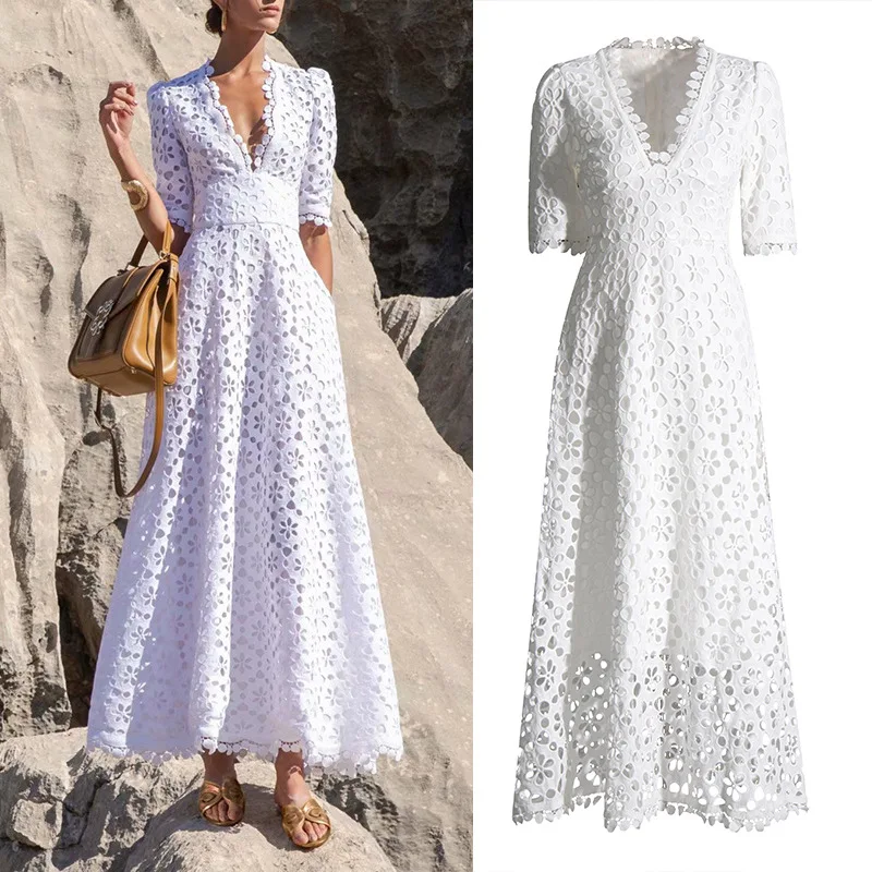 

Summer Women's Dress 2023 New V-Neck Hollowed Out Embroidery Waist Collection Long Elegant White Long Dress Free Shipping