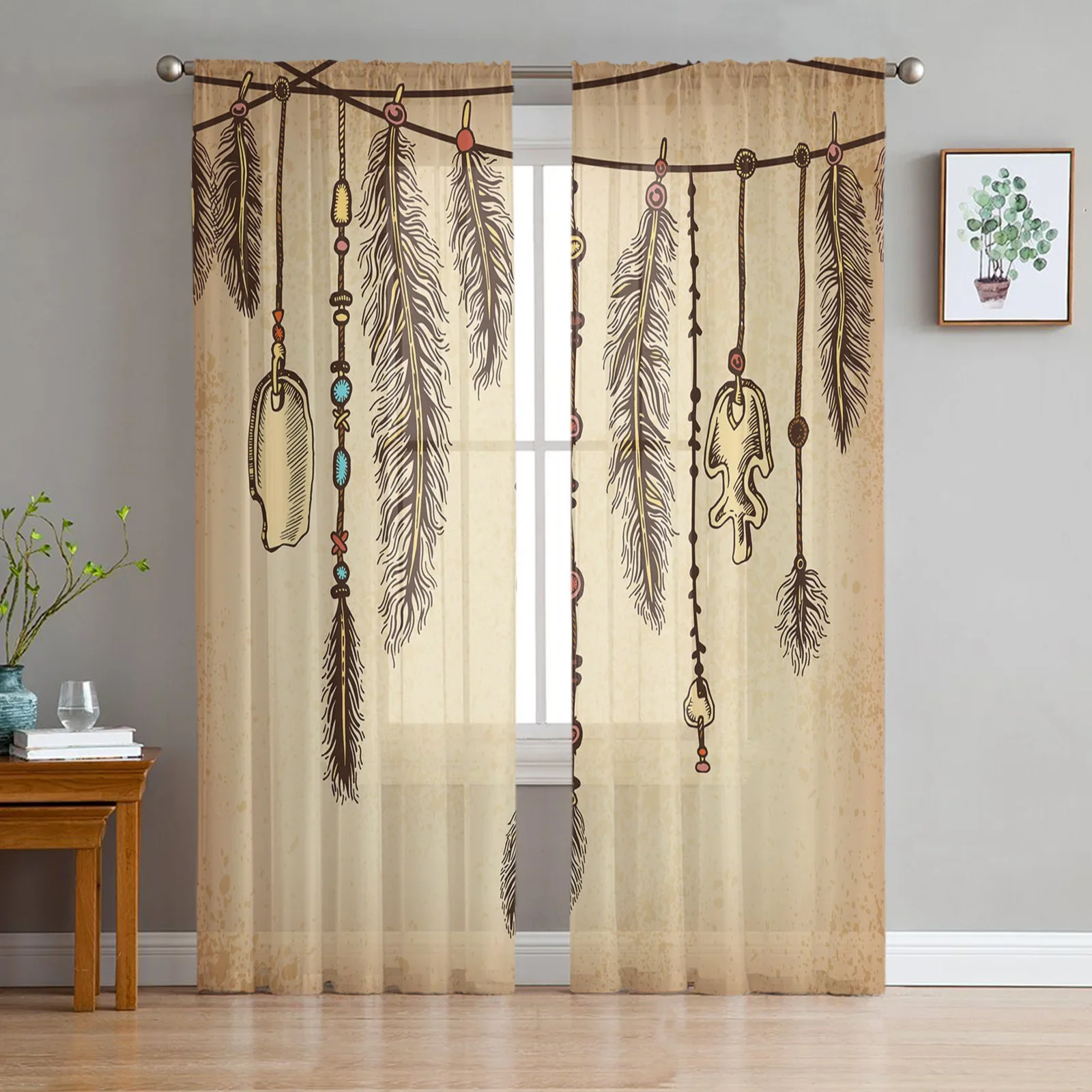 

Тюлевые занавески в стиле ретро с изображением этнических культур и перьев, шторы на окна для гостиной, кухни, детской, спальни, Висячие занавески из вуали