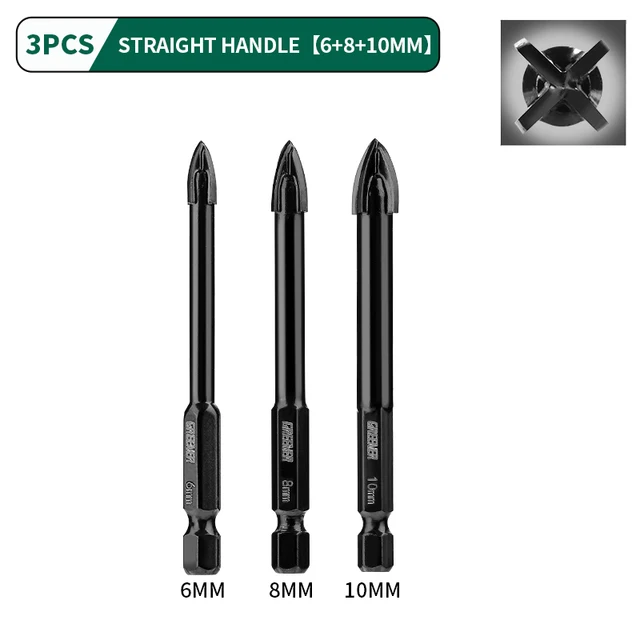 GREENER 3-12mm Four-blade Concrete Impact Glass Drill Cross Hex Tile Drilling Bit Special For Hexagonal Shank Hard Alloy Tri 6 8 10mm 3pcs