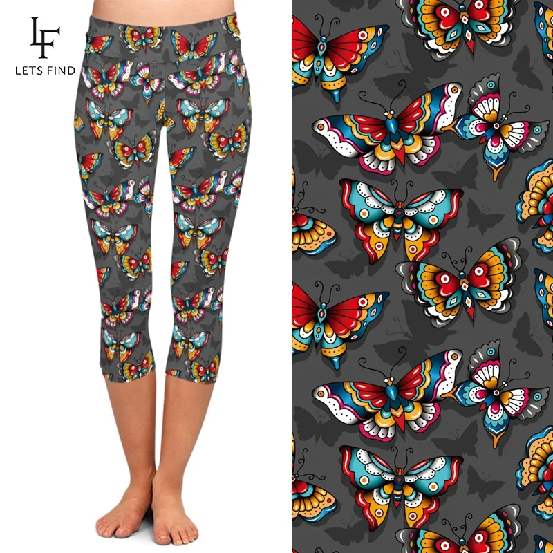 High Waist  Butterfly Print  Capri Leggings Women Fashion Mid-Calf 3/4 Trousers Stretch Pants Women Summer