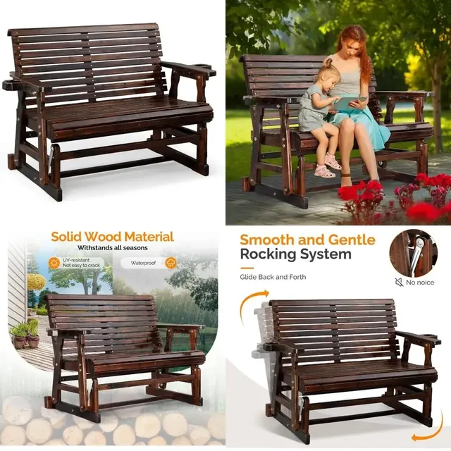 2025New-Durable Wooden Patio Glider Chair with Built-in Cup Holders, Outdoor Bench Glider Loveseat featuring a Smooth Rocking Mo 2