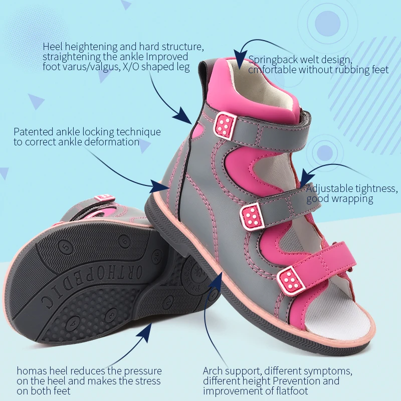 발목 랩 정형외과 샌들, 하이 탑 아치 지지대, 신발 교정, 여름 가죽, 핑크 및 블루