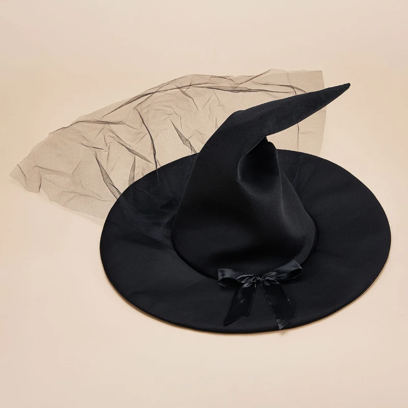

Halloween Witch Hat Costume Bowknot Large Black Crooked Ruched Wizard Hat Accessory Halloween Party Favors