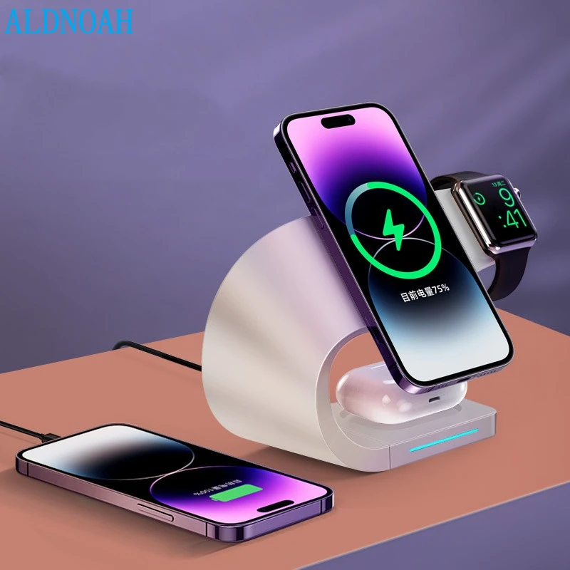 

Беспроводное зарядное устройство 3 в 1, подставка для iPhone 14 13 12 Pro Max, мини Магнитная зарядная док-станция для Airpods, Apple watch 8, зарядное устройство