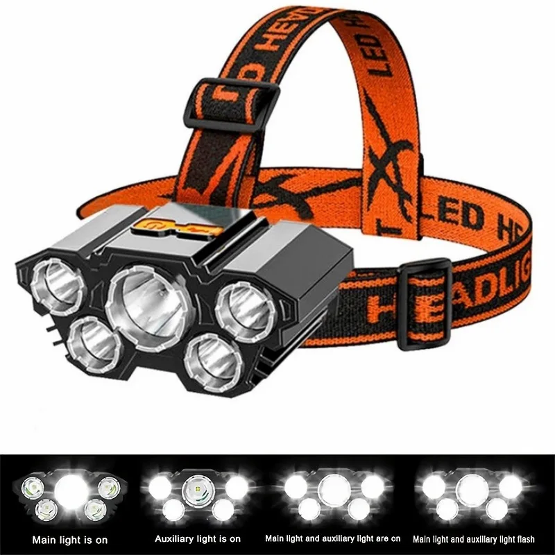 

5 LED Flashlight Rechargeable Fishing Headlamp Built in 18650 Battery Strong Light Camping Adventure Headlight torch