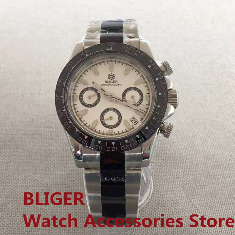 

BLIGER 39mm Chronograph Men's Quartz Watch Sapphire Glass VK63 Movement Calendar Stainless Steel White Dial 5.0 Blacl Bezel