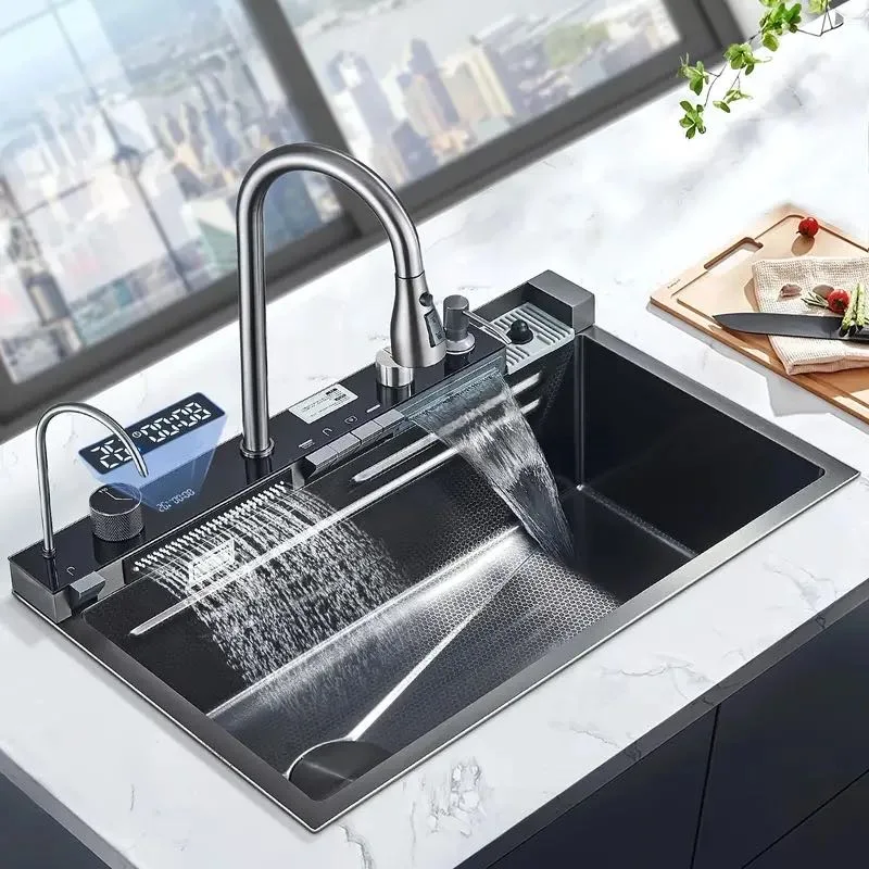 Kitchen Sink With Faucet Digital Display Single Bowl 5 Function Dishwasher Sink Shower Kitchen With Drop Down Faucet