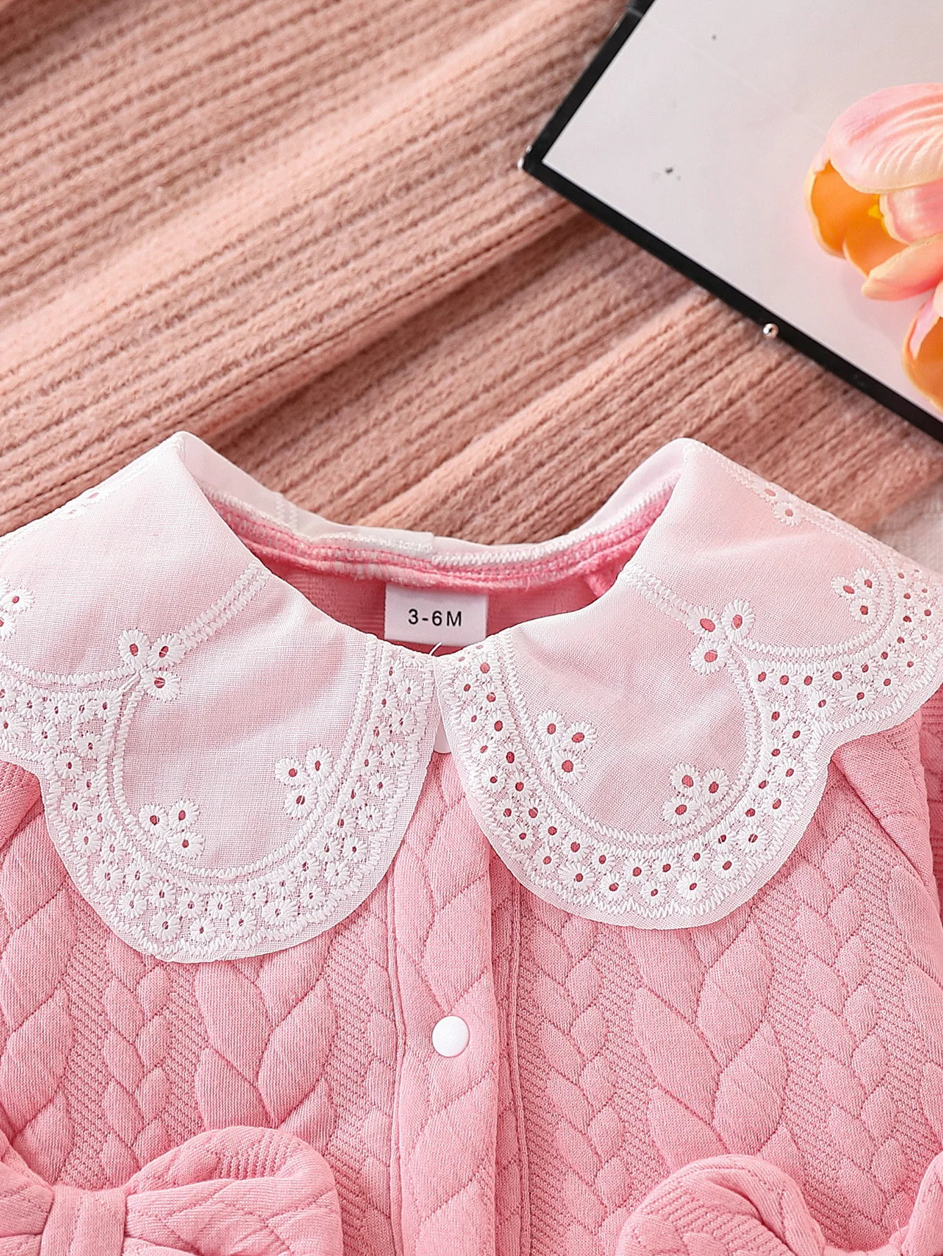 Cozy Pink Cable Knit Romper with Lace Collar and Bows