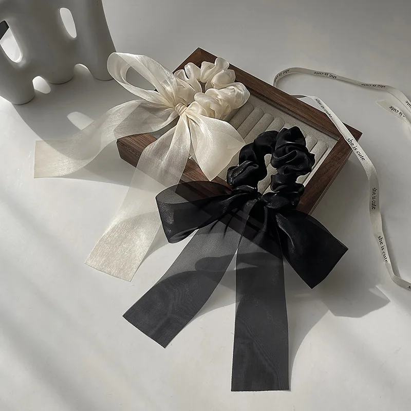 

French High Grade Bow Gauze Ribbon Hair Ties Fashion Pure Color Head Rope Female Elastic Hair Scrunchies Wholesale