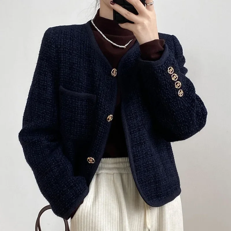 Navy Blue Wool Blended Small Fragrance Short Coat Women's High Quality Vintage Round Neck Simple basic Red French Tweed Jacket