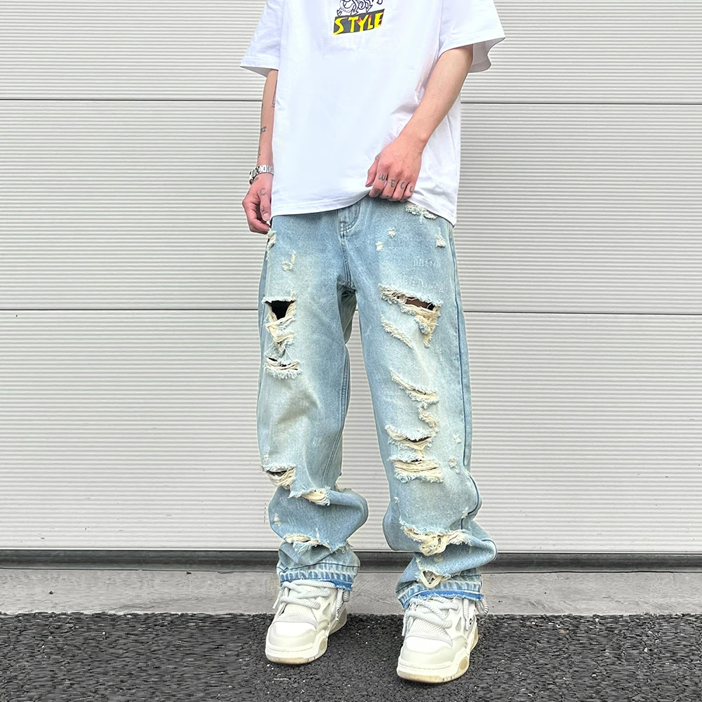 

Washed Blue Oversized Torn Jeans for Men Streetwear Hip Hop Large Destroyed Wide Leg Jeans Baggy Straight Ripped Denim Pants